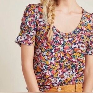 Anthropologie Yellow and Orange Ruched Puff Sleeve Blouse​​